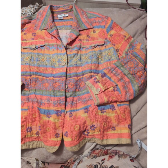 Coldwater creek 3x floral bright orange and pink button up - Picture 3 of 7